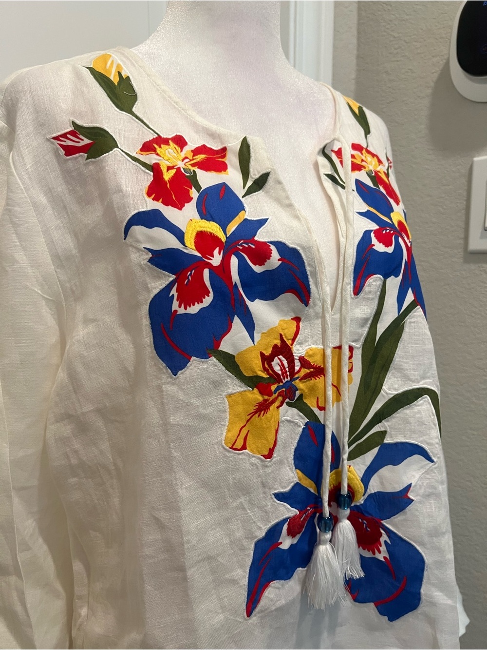 Tory Burch Iris beach tunic Embroidered White Floral Tie-Neck Women's Top XL - Picture 3 of 11